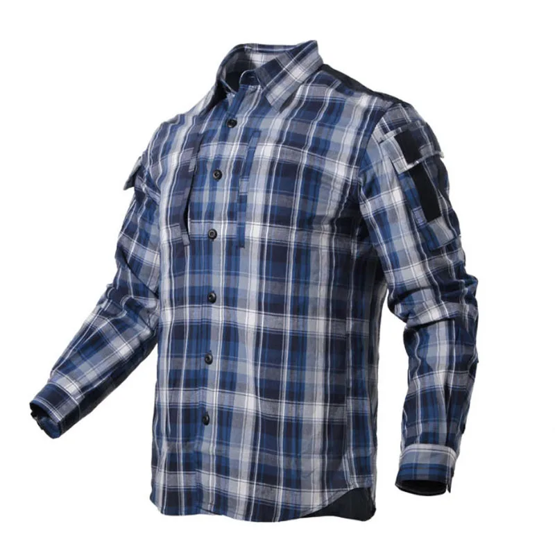 Men Long Sleeve Breathable Cotton Plaid Shirt Army Fan Plaid Tactical Shirt Women Outdoor Hiking Training Uniform Shirt