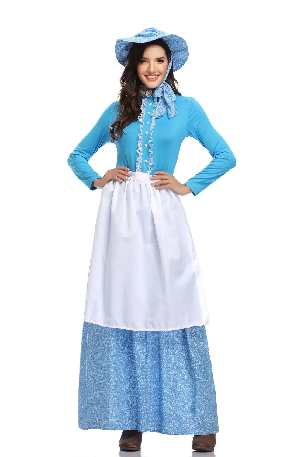 Delantal de granja idílico para Halloween para mujer, disfraz de sirvienta de California, disfraz de pionero para mujer, vestido de fantasía azul de talla grande