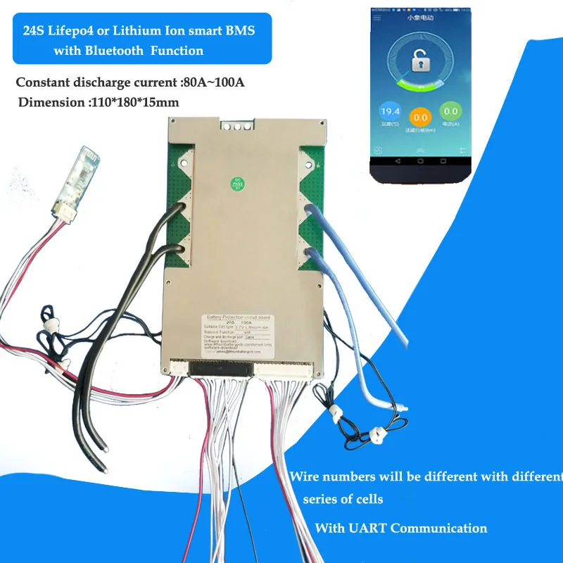 Lifepo4 Smart bluetooth BMS con bluetooth, 20S, 21S, 22S, 23S, 24S, 25S, 26S, 27S, 28S, 29S, 30S, 60V, 72V, 84V, 110V, 126V 100A