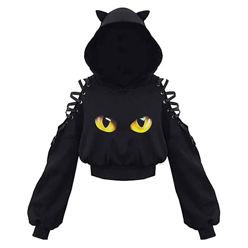 Douhoow Women’s Hoodie Cat Ears Hooded Sweatshirt Hollow Hip Hop Long Sleeve Printing Bandage Long Sleeve Hooded Sweatshirts