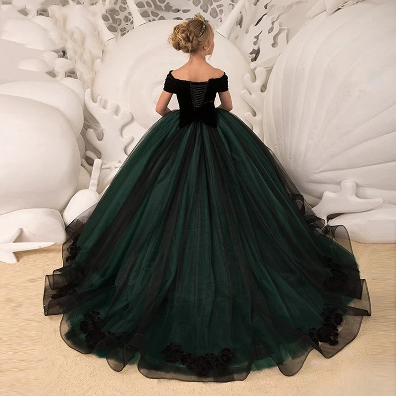 Kids Dresses Girl Elegant Long Prom Green Tulle Gowns 2021 New Children Graduation Dress Teen Wedding Bridesmaid Robe