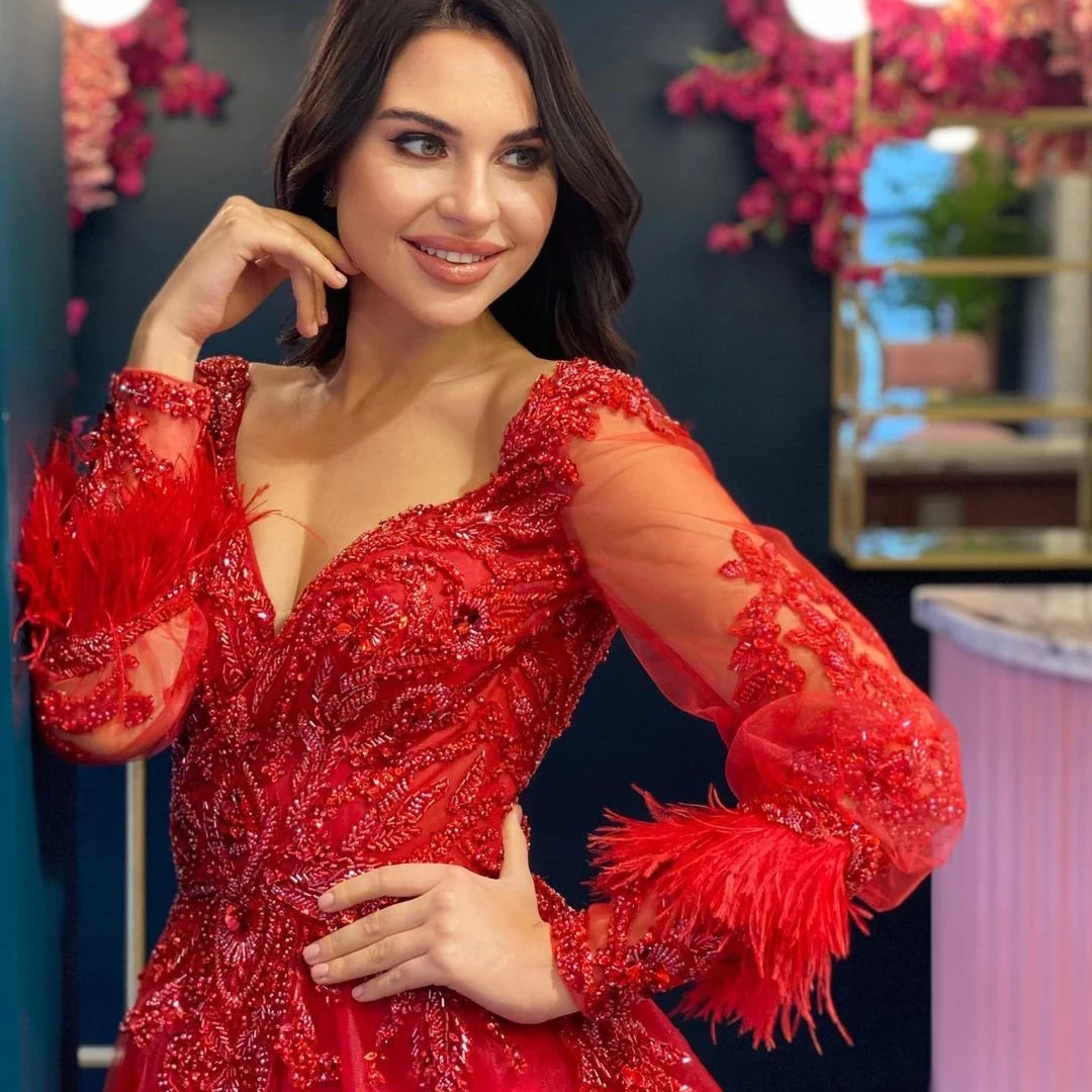 Gaun Prom Eigdale 2022 Gaun Malam Tulle Kerah V Lengan Puff Merah Applique A-Line Seksi Gaun Pesta Koktail Malam Ukuran Plus