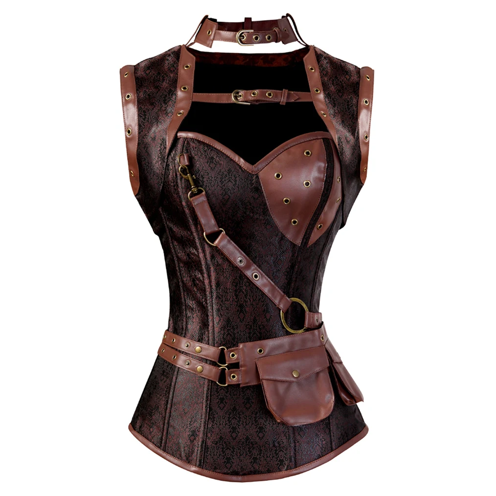 Steampunk Vintage Long Sleeve Women Corset Dress，Three-Piece Off Shouder Pirate Kleid Sets Halloween Medieval Sexy Costumes