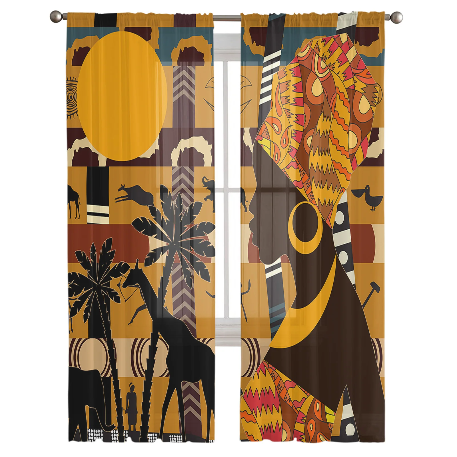 African Woman Female Elephant Giraffe Tulle Sheer Window Curtains for Living Room Kitchen Children Bedroom Voile Hanging Curtain