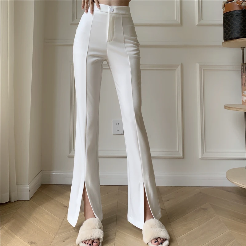 QOERLIN spodnie z mikro rozkloszowanymi nogawkami damskie wysokiej talii Slim Casual eleganckie spodnie z szerokimi nogawkami z rozcięciem eleganckie czarne białe spodnie garniturowe