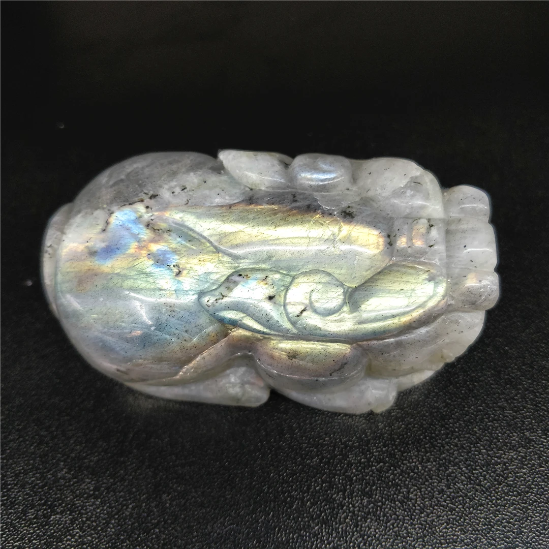 Natural Flash Labradorite Quartz Carved Pi Xiu Feng Shui Statue Mythical Wild Animal Folk Plutus Prosperous Wealth Peace Of God