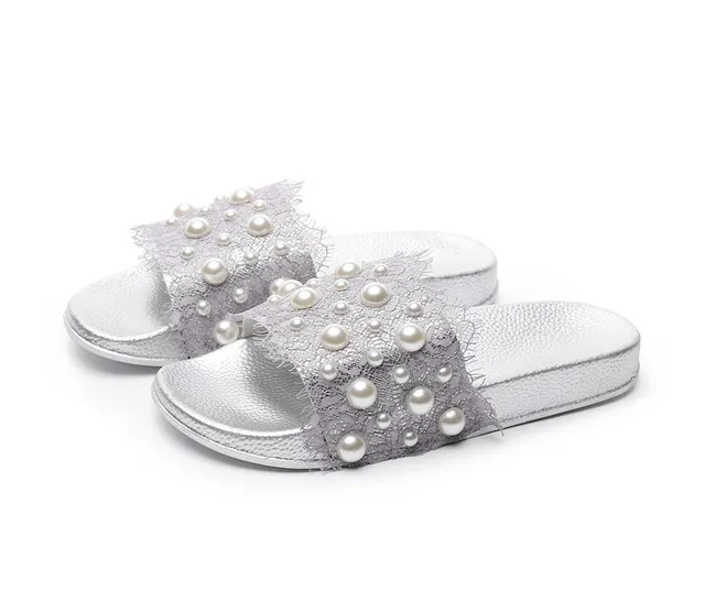 New summer pearl lace sandals flat-bottomed fashion sandals wear-resistant  women's slipper