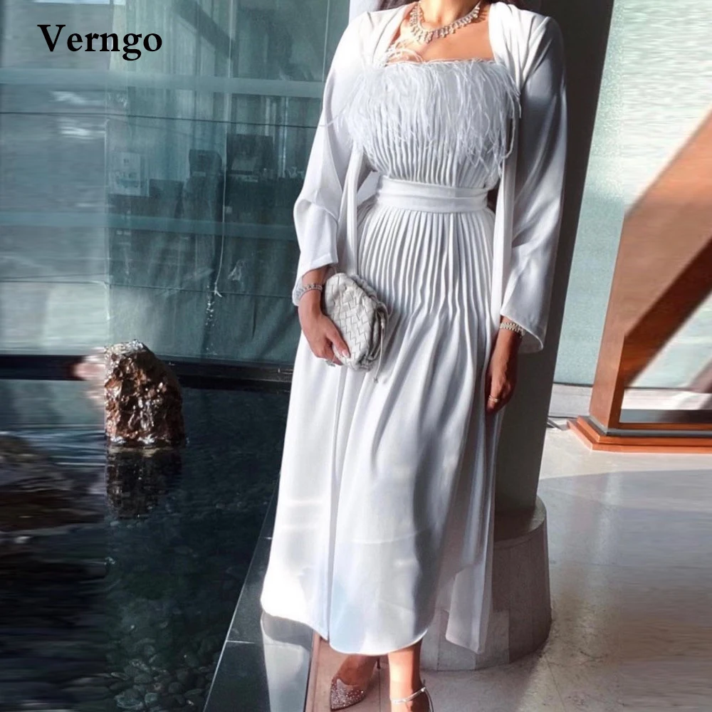 

Verngo Modest Chiffon Ankle Length Evening Dresses With Jacket Long Sleeves Feather Neck Draped Mother Formal Party Prom Dress