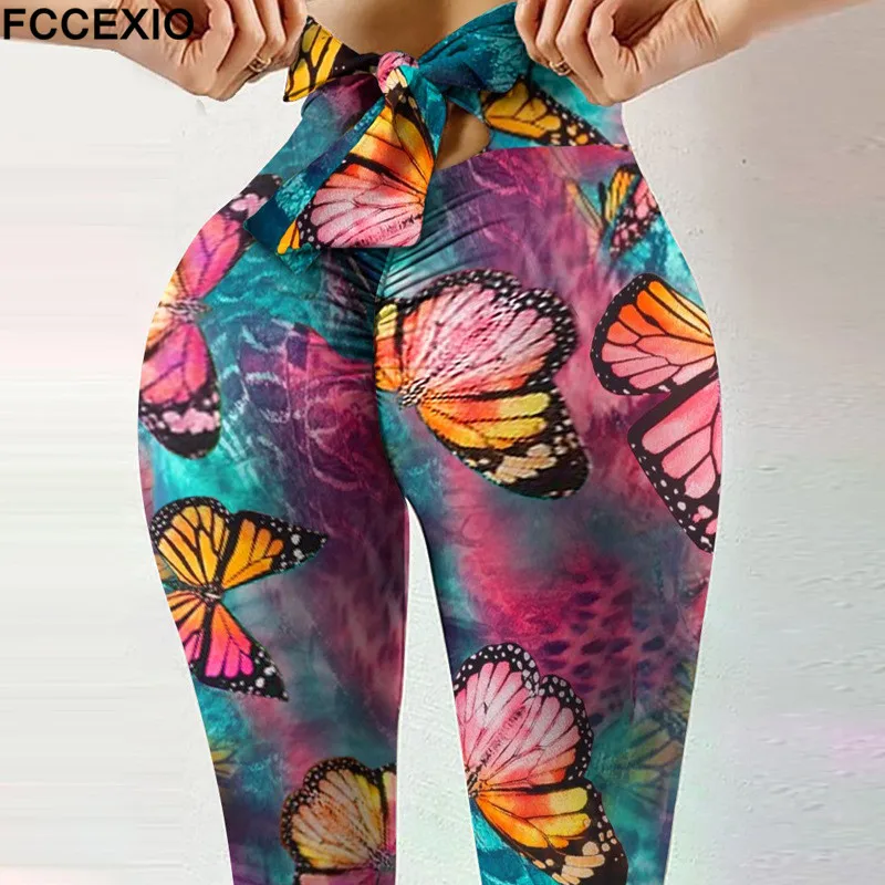 FCCEXIO Summer Butterfly Print Leggings Cute Bow High Waist Fitness Pants Hip Lift Workout Leggins Leopard Push Up Leggin