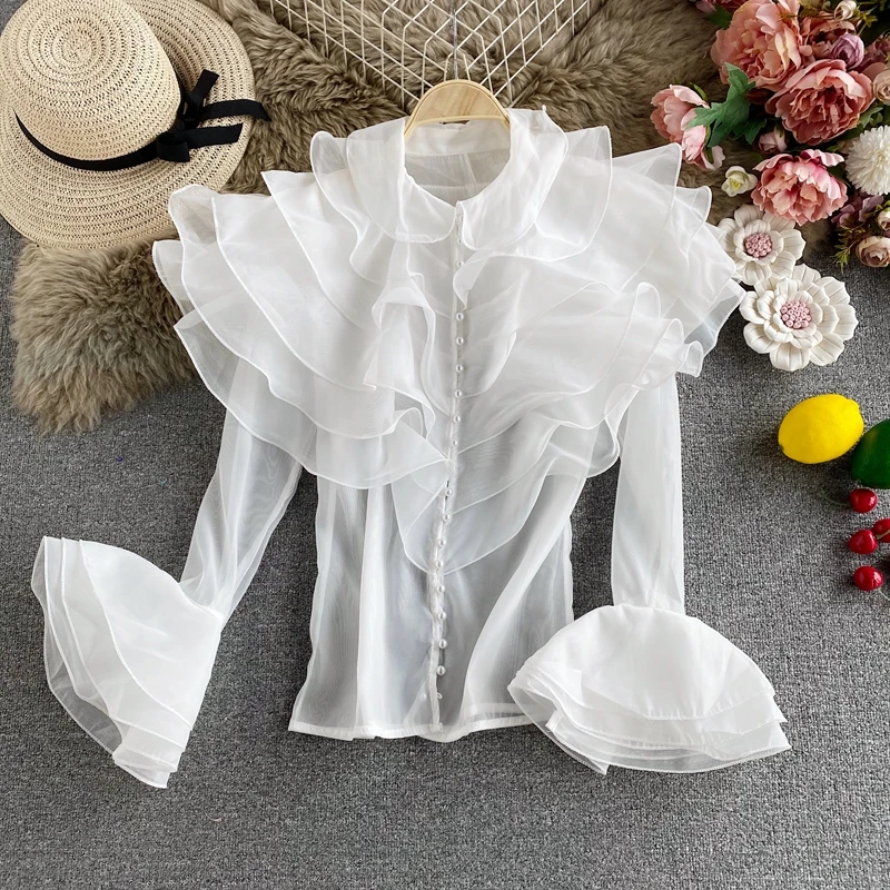 2021 primavera verão mulheres organza camisa flare manga moda emendado babados sexy camisas finas elegantes das mulheres topos e blusas