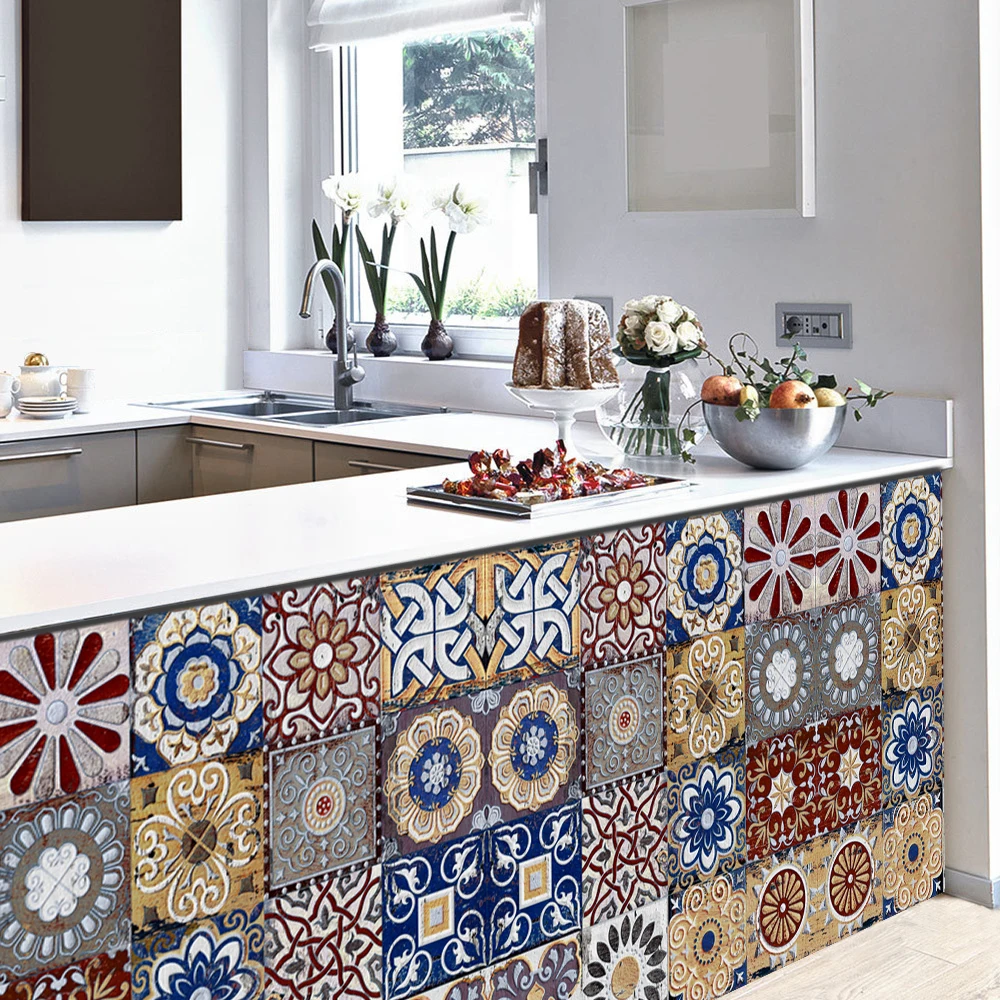 16pcs Retro Moroccan Style Tiles Kitchen Oil-poof & Waterproof Sticker Washbasin Bathroom Home Renovation Peel & Stick Wallpaper