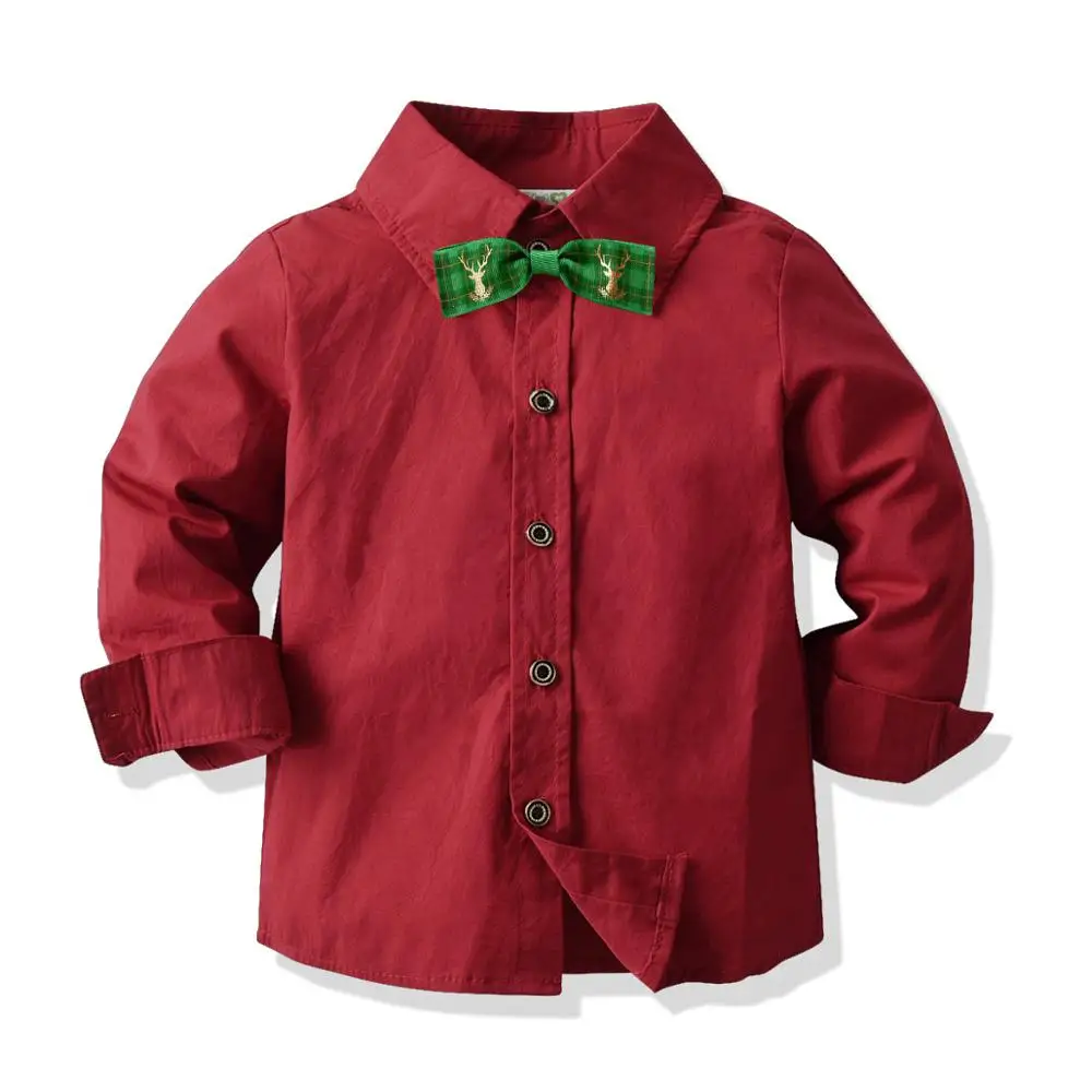 New Year Kids Boys Long-Sleeved Shirt  Baby Cotton Children'S Wine Red Clothing Spring Autumn Party Bowtie Clothes Tops With Tie