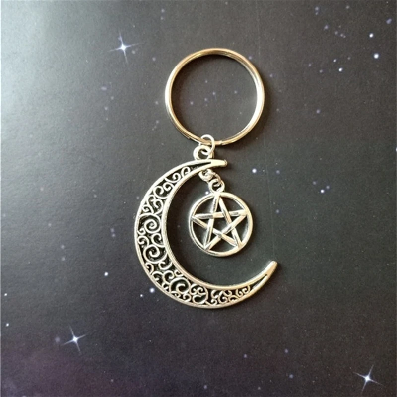 Big Hollow moon Keychain, Antique Silver Color Pentagram Key Chain, Women Key Chain, Moon Key Chain, Witchy Jewelry