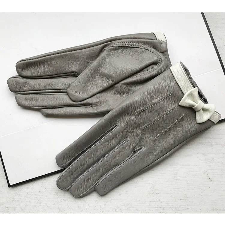 Women's autumn winter small bow 100% genuine leather glove female natural leather gray touchscreen riding driving glove R1777