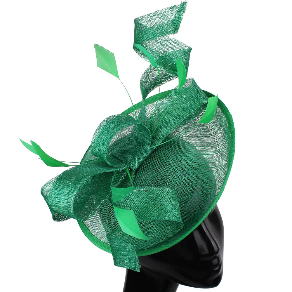 

British Shape Hat Green Sinamay Fascinators Wedding Hats Millinery Bridal Married Fedora Feather Headwear Party Hair Accessories