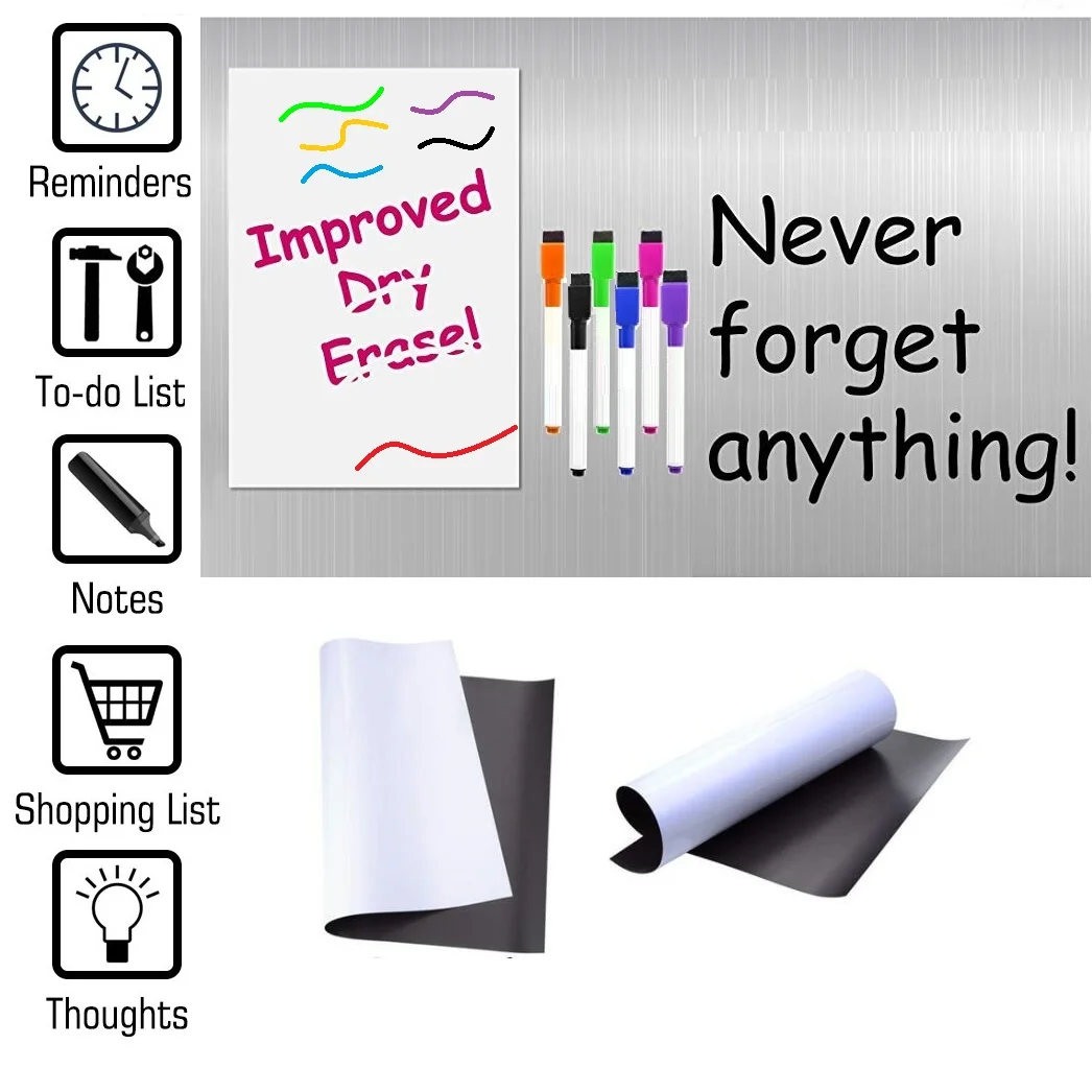 Magnetic Dry-erase Whiteboard Sheet for Fridge Magnet Markers Eraser Magnets Refrigerator White Board Planner Organizer Note Pad