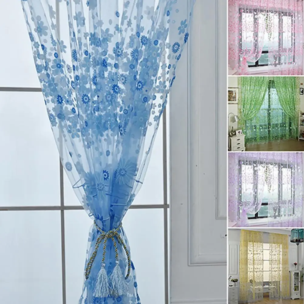 Cortinas de tul florales para sala de estar, cortinas transparentes púrpuras para puerta de dormitorio de niños, cortinas cortas para ventana de