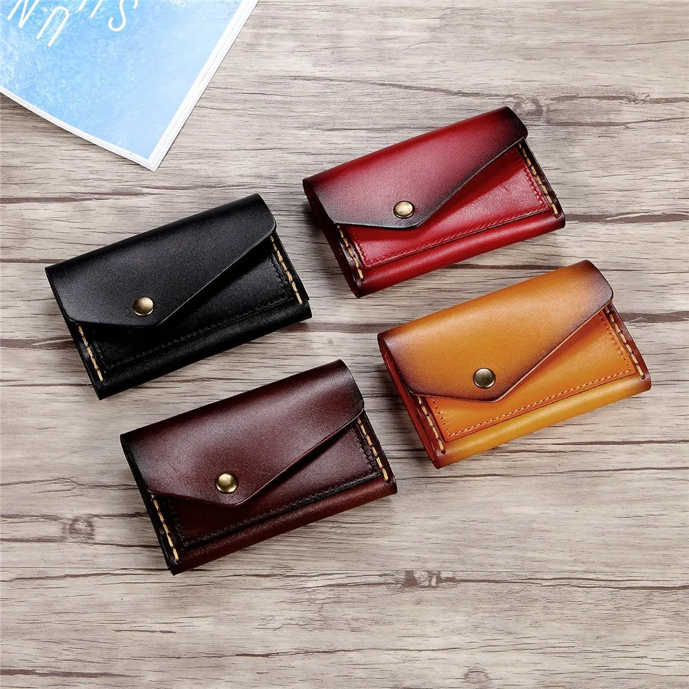 Vintage Handmade Card Package Key Case Vegetable Tanned Leather Coin Purse Black Bag Wallet Hasp Purse for Women Lady Bag