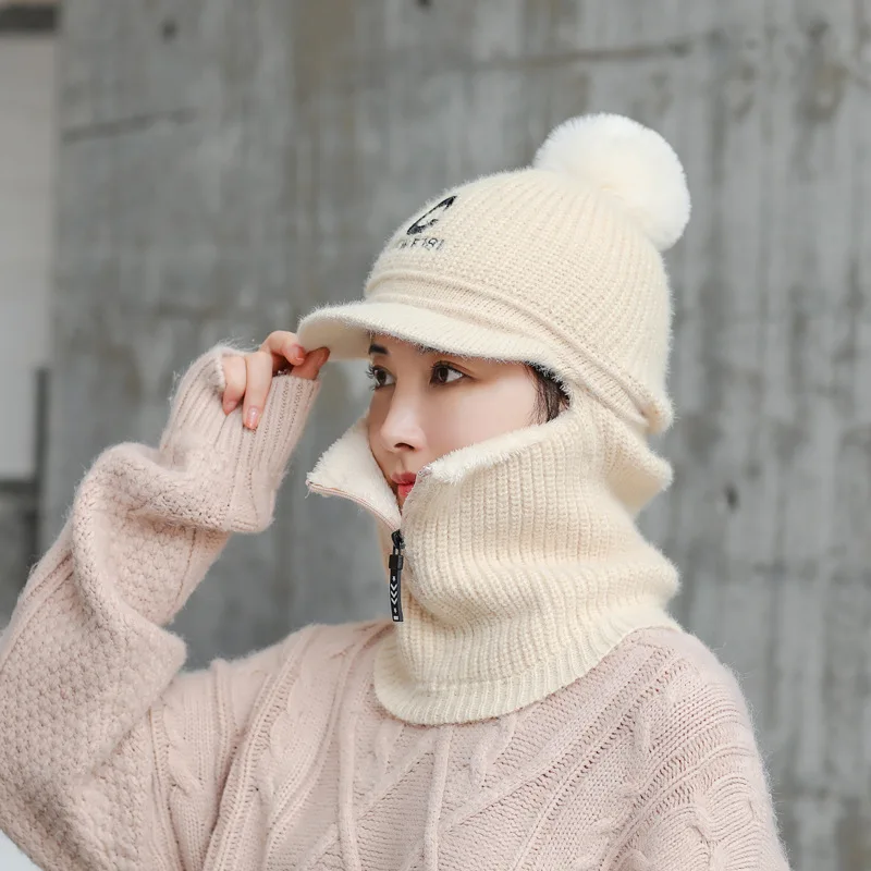 Letters C Knitted Beanie Scarf Set For Woman Girl Curved Brim Autumn Winter Hat Zipper Pompoms Cycling Ski Hunting Hat