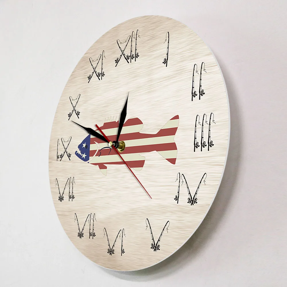 Fishing Distressed American USA Flag Wall Clock Fishing Pole Roman Numerals America Fishing Decorative Wall Clock Fisherman Gift