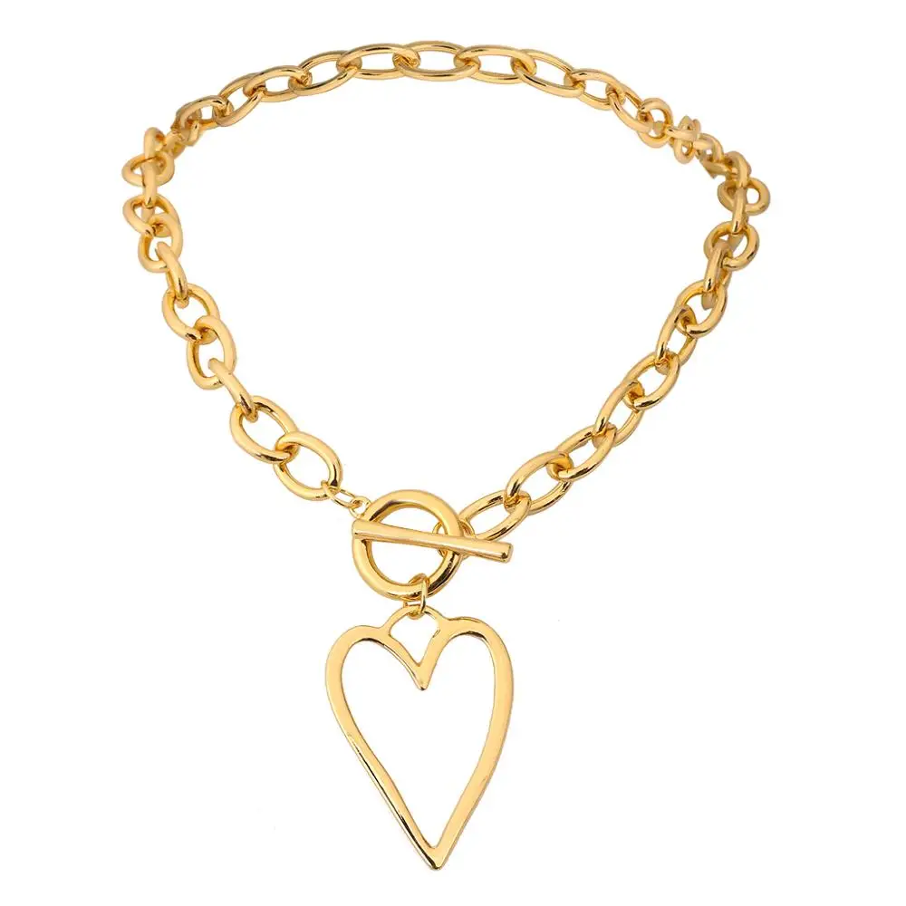 AENSOA Punk Gold Color Bih Hollow Heart Pendant Necklace for Women Imitation Metal Choker Necklaces Female 2024 Fashion Jewelry