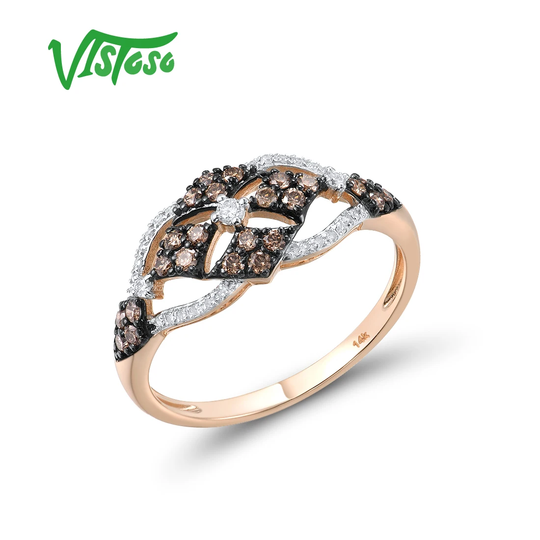 VISTOSO Genuine 14K 585 Rose Gold Ring For Women Sparkling Diamond Brown Diamond Ring Elegant Engagement Wedding Fine Jewelry