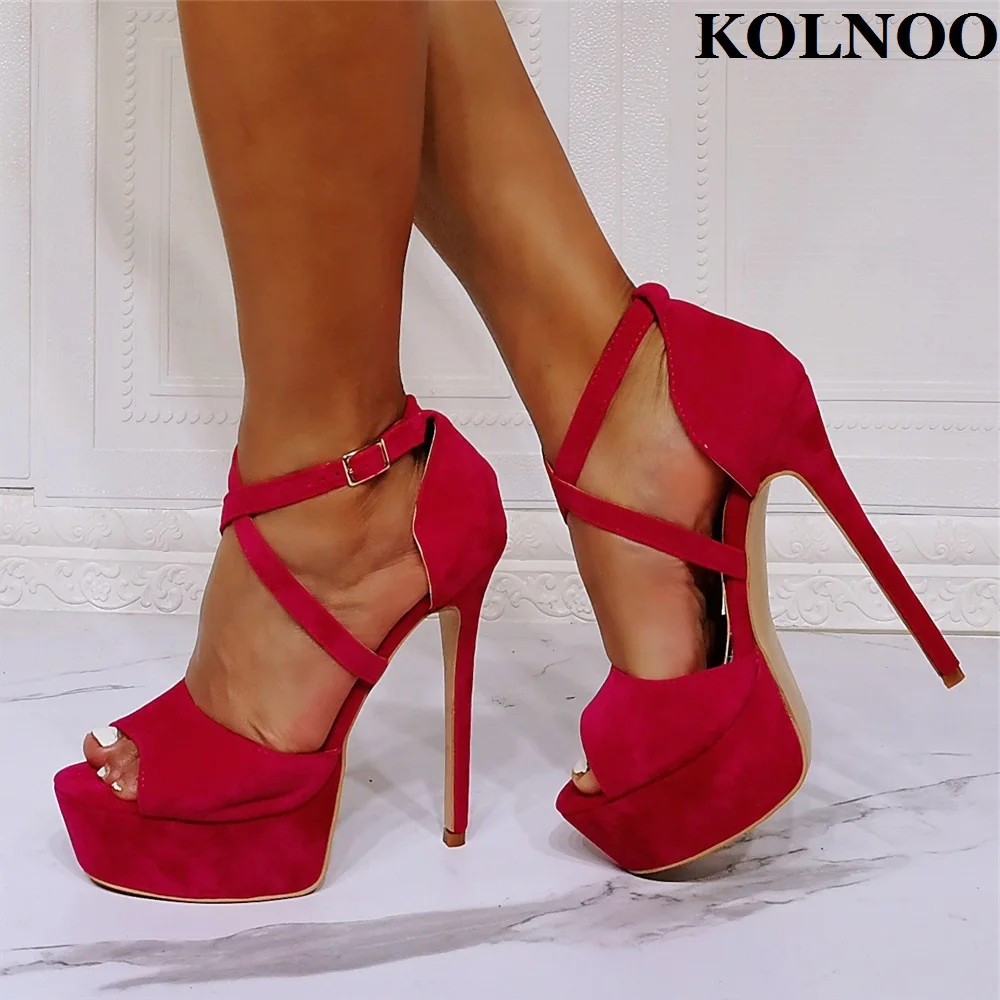 

Kolnoo Real Pictures Ladies High Heels Platform Sandals Cross Buckle Strap Peep-toe Summer Evening Fashion Daily Wear Red Shoes