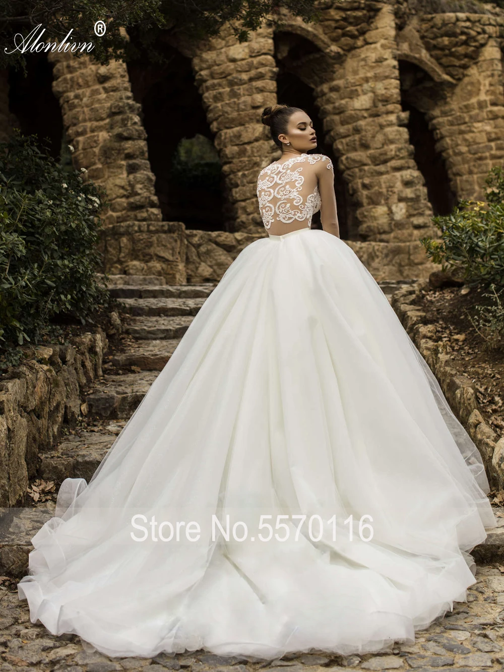 Alonlivn Wedding Gowns Beading Pearls Princess Soft Tulle Appliques Puffy Ball Gown Bride Dresses