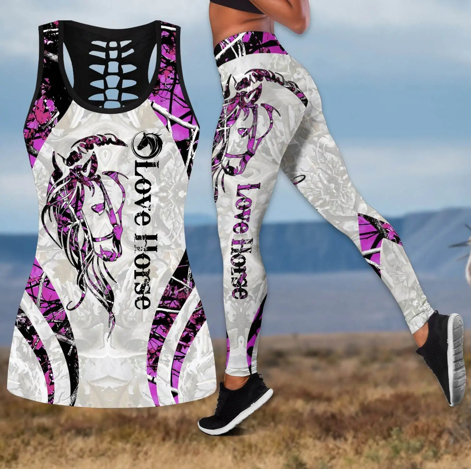 Love Horse Tatoo 3D All Over Printed Hollow Tank Top & Leggings Set Fitness Female Full Length Leggings Running Pants DDK74