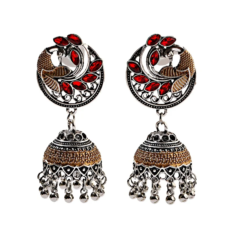 Ethnic Women\'s Blue Peacock Earrings Turkey Bijoux Vintage Bollywood Silver Color Bell Tassel Earrings Tribe Indian Jewelry