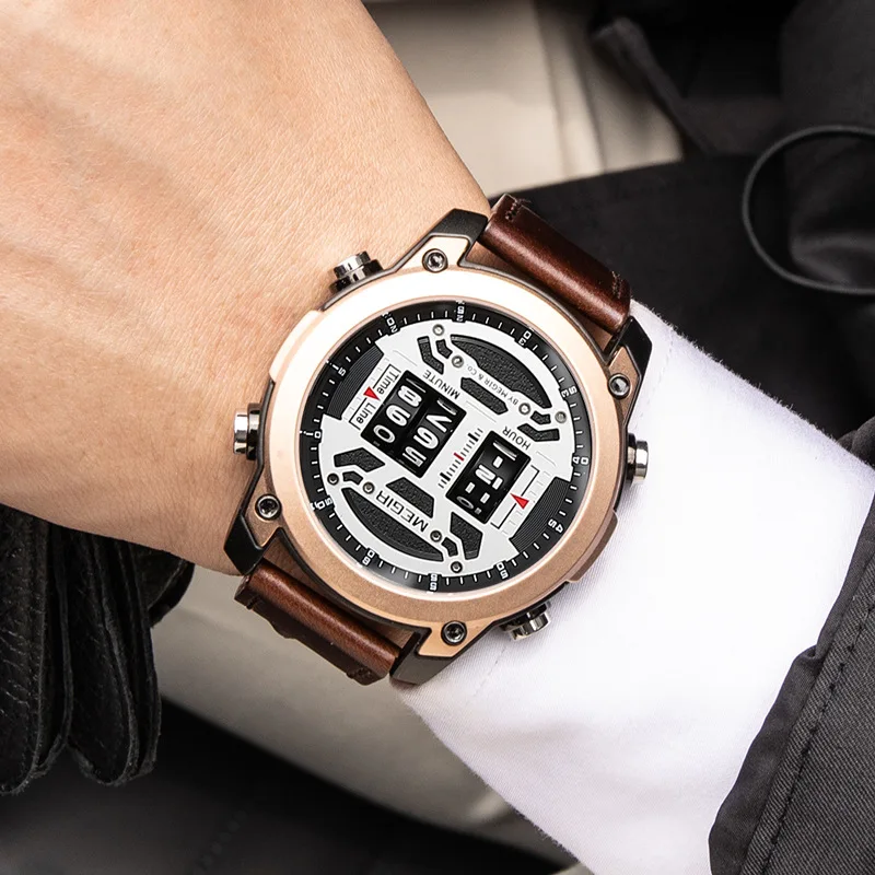 MEGIR Scroll Wheel Design Watches Men Leather Business Sports Watch Fashion Quartz Waterproof Roller Time Display relogio