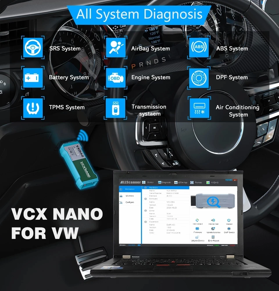 VXDIAG NANO NX100 For VW Car OBD2 Scanner ECU Coding All System Car Diagnostic Tool J2534 Programming as 6154 5054 For VW Audi