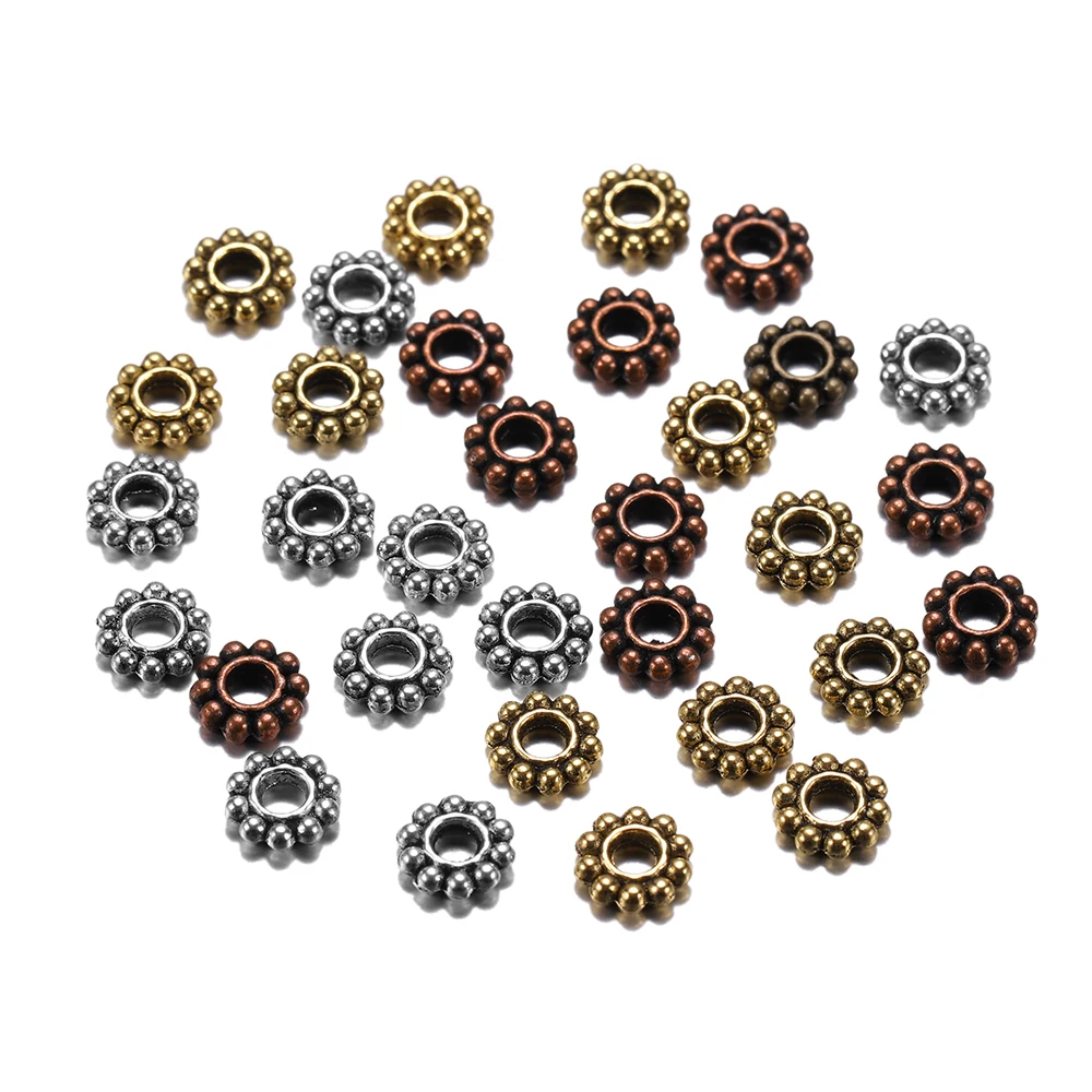 100pcs/lot Metal Tibetan Gold Color Tone Daisy Flower Spacer Beads Wheel  Loose Bead for Jewelry Making Needlework Accessories