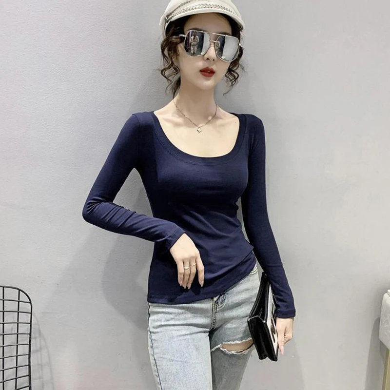 

New Women Skinny Elastic T-shirt Spring Summer Fashion U-Collar Long Sleeve Solid Color Slim Tops Tees Sexy Basic Cotton T-shirt