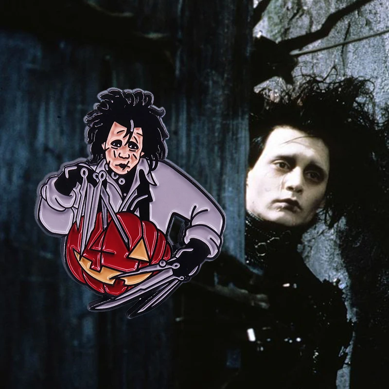 Edward Scissor hands Brooch Rreepy Carver Sad Castle Snow Globe Glitter Crystal Ball Enamel Pins set