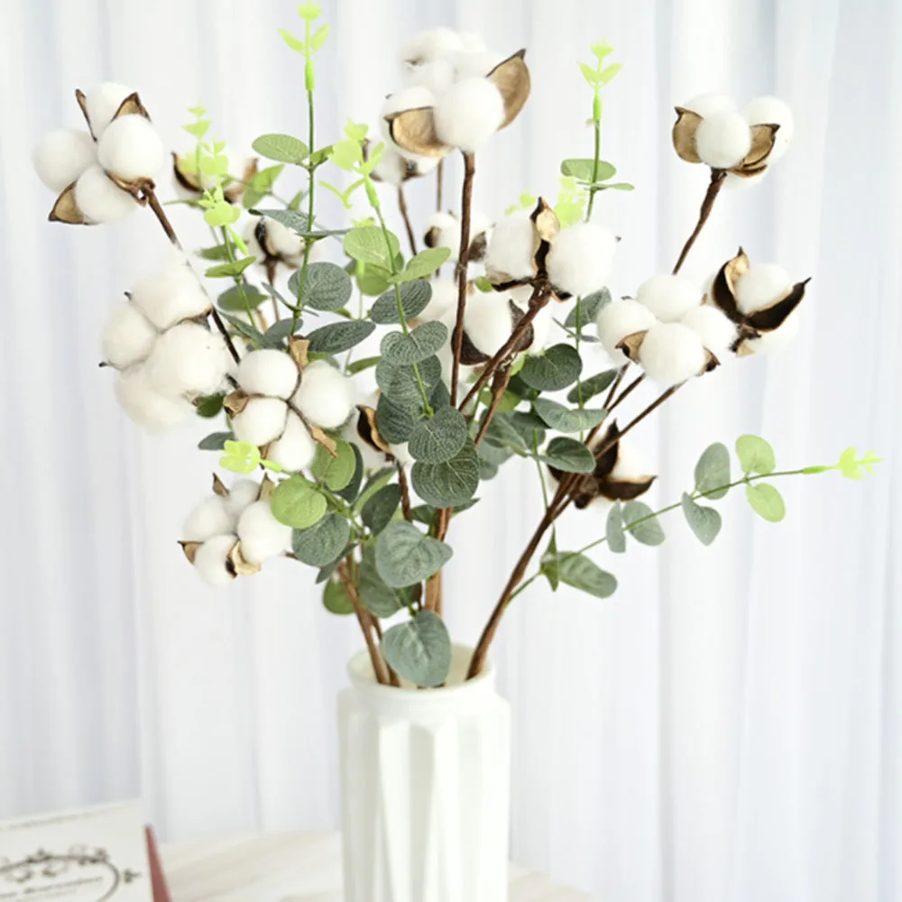 Cotton Dry Fower Artificial Cotton Stems Decor with Eucalyptus Leaves 4 Cotton Heads Natural Cotton Flower Wedding Home DIY