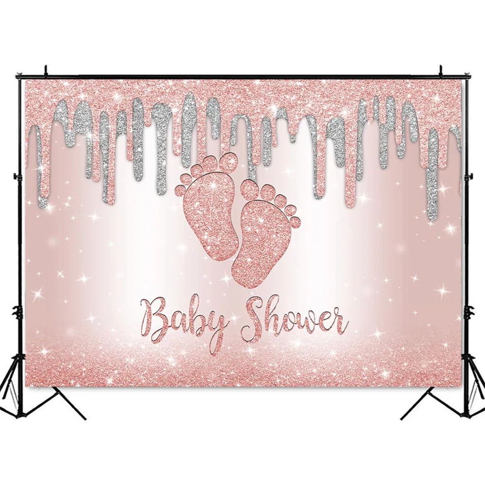 Pink Glitter Backdrop Baby Shower It's a Girl Party Decoration Supplies Sliver Shining Dots Little Feet Gender Reveal Backdrop