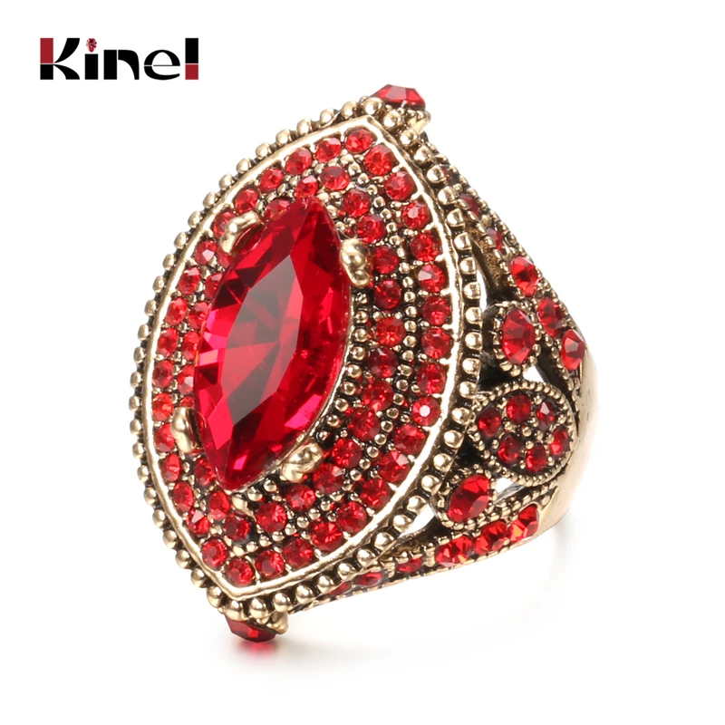 Kinel 2020 New Luxury Antique Ring For Women Vintage Look AAA Red Crystal Boho Jewelry Gold Color Charm Ethnic Wedding Ring