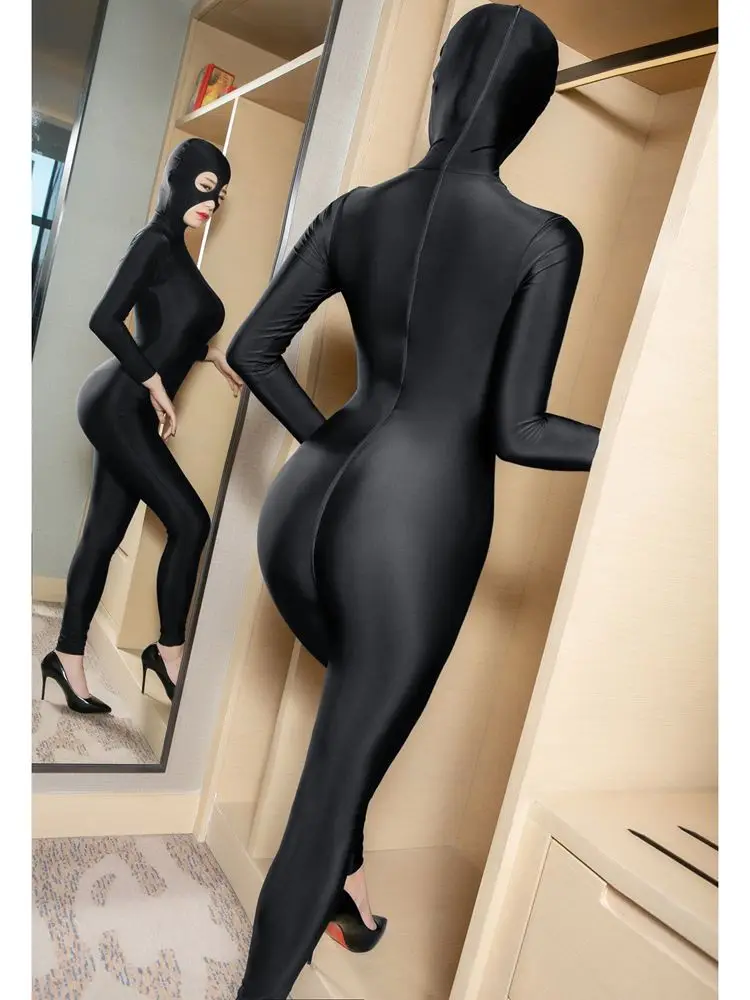 Zentai Catsuit con capucha para hombre y mujer, traje de manga larga con cremallera, entrepierna abierta, leotardo ajustado, lencería conjunta, mono, Peluches