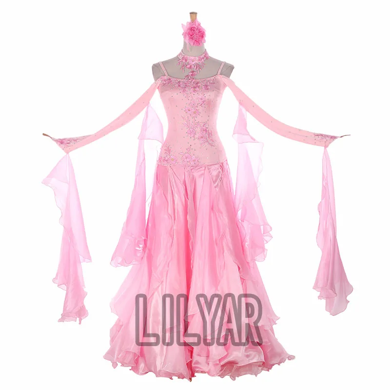 Ballroom Dance  Standard Skirt Competition Costumes Performing Dress Customize New Arrival Adult Children Pink Pearl