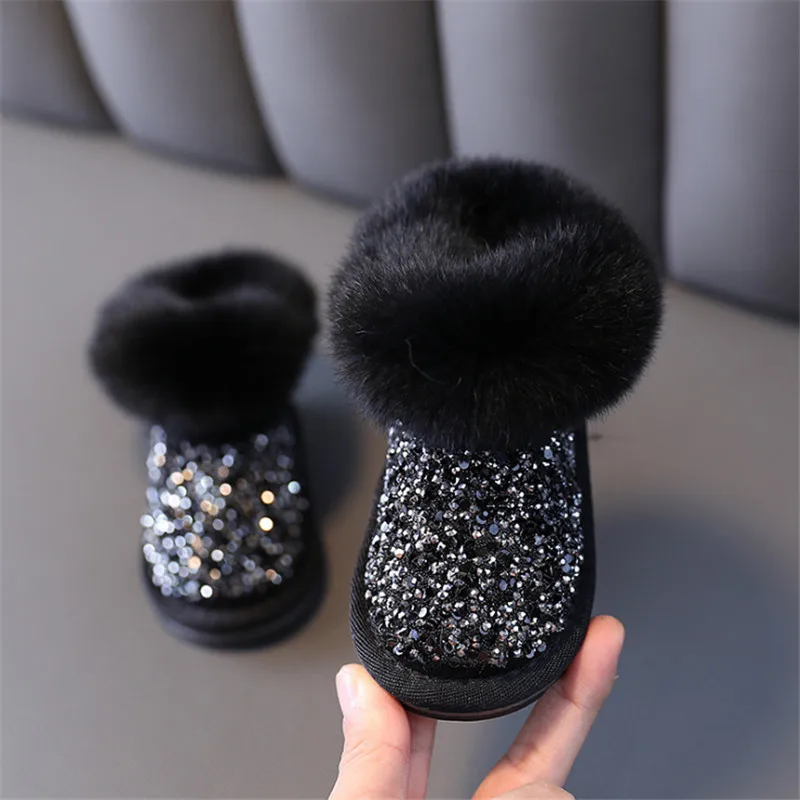 2023 New Winter Children Snow Boots Rhinestone Warm Plush Zip Ankle Princess Little Girls Boots Fashion Toddler Baby Shoes