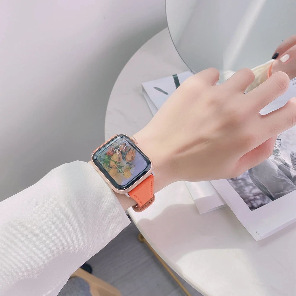 Ремешок Slimmer для Apple Watch Series se7 6 5 4 3 2 1 41/45 мм, спортивный кожаный браслет с пряжкой с язычком для iWatch 38 мм 40 мм 42 мм 44 мм, Correa