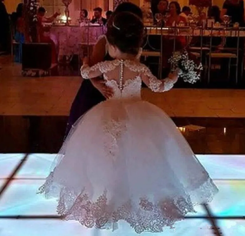 Vestidos florais brancos para casamentos, renda de princesa de tule, meia manga, vestidos de primeira comunhão, roupas de festa para crianças