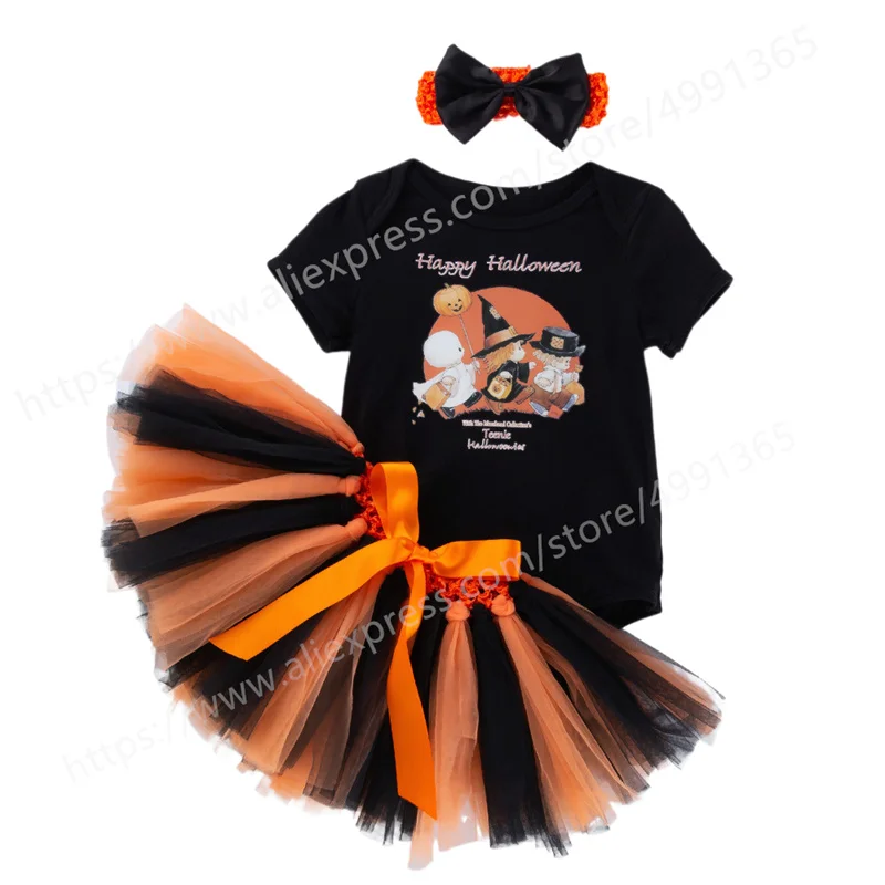 

Baby Girls My 1st Halloween Outfits Pumpkin Print Romper+Bow Tutu Dress+Headband Skirt Set
