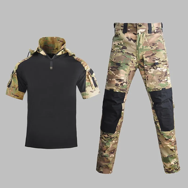 Mens Summer Short Seeve Hooded Clothes Suits Fan Outdoor Training Camouflage Uniform Shirt Pants