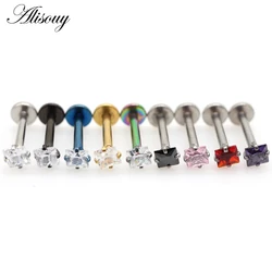 Alisouy 1pc Square Crystal Zircon Lip Labret Piercing Ring 16G Stainless Steel Cartilage Ear Tragus Earrings Stud Body Jewelry