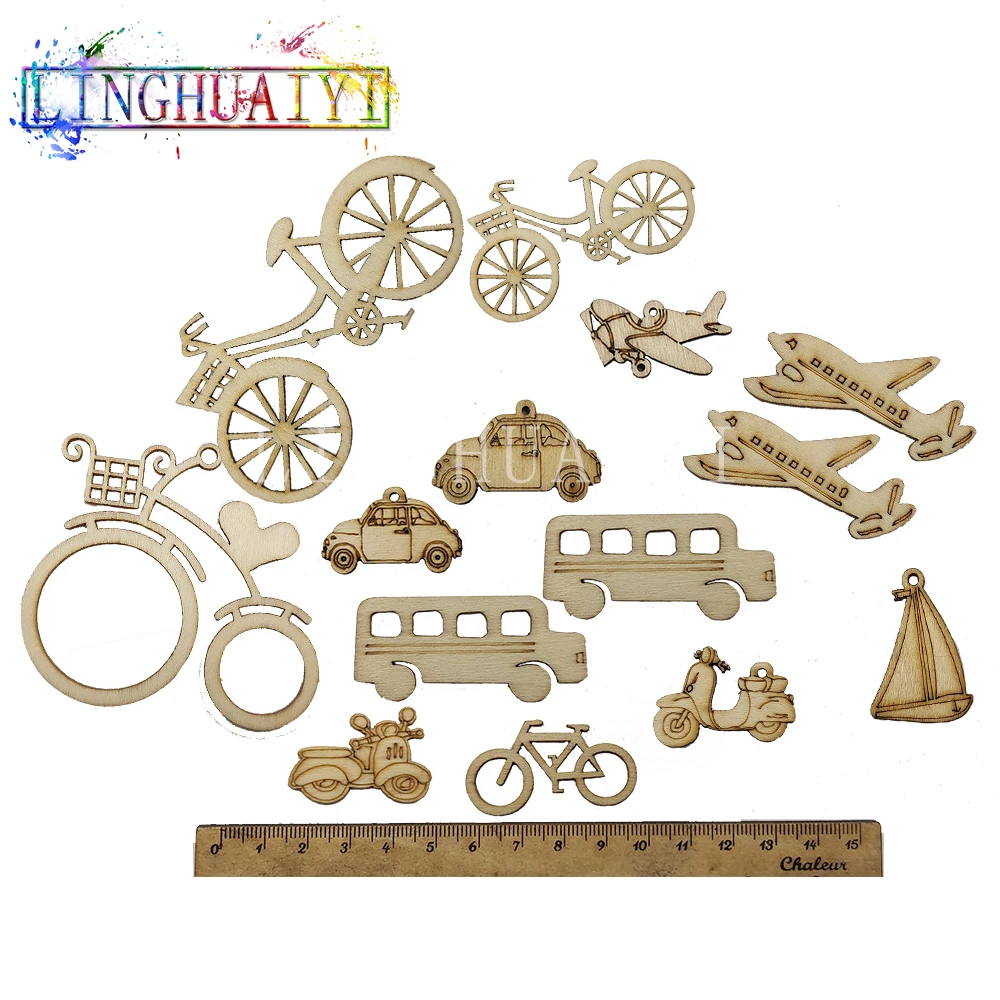 10-piece Brand New Bicycle Truck Transportation Die-cut Plywood Template DIY Wooden Vehicle Shape Manual Accessories