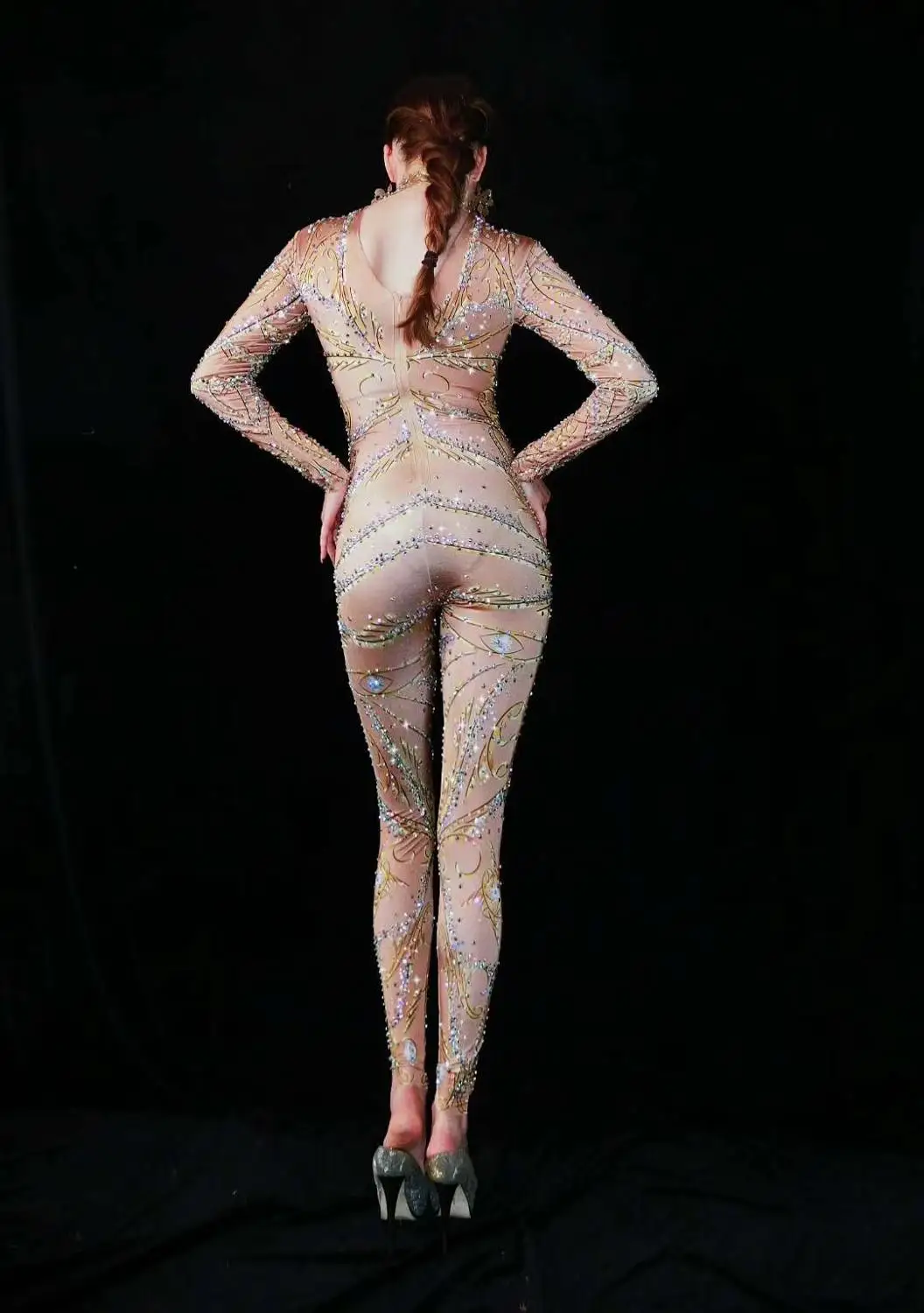 Sexy Stage Multi-color Rhinestones Nude Spandex Jumpsuit Women Singer Bar Leggings Prom Stage Wear Dancer Birthday Jumpsuit