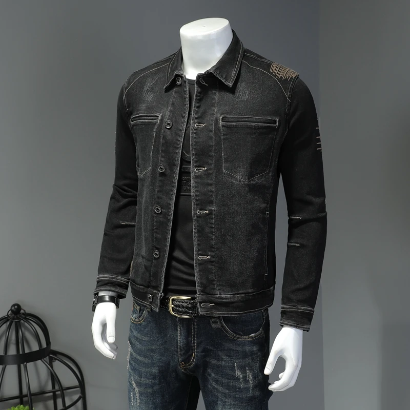 Veste en Denim à manches longues pour homme, mode noire décontractée, col rabattu brodé, simple boutonnage, Slim, rétro, printemps et automne