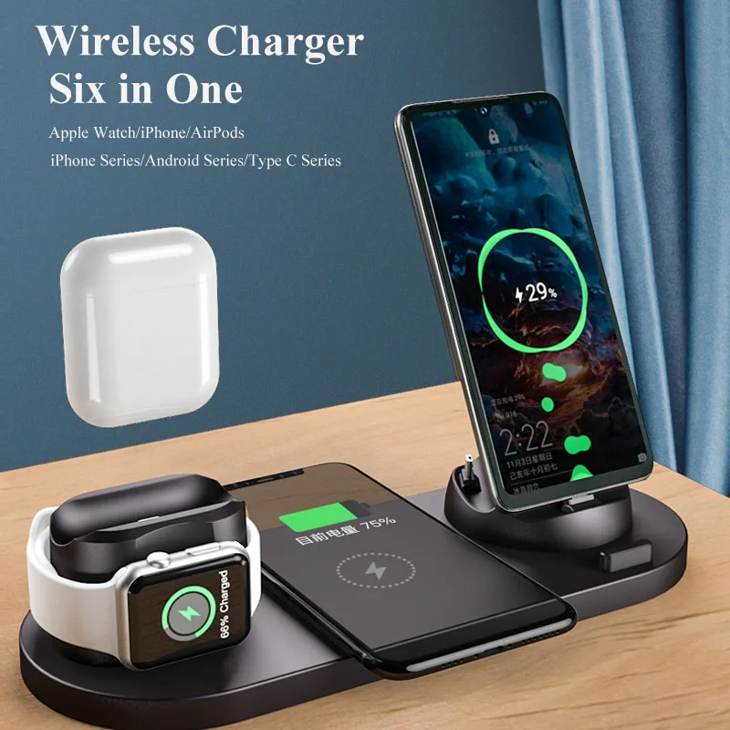 Wireless Charger 6 in 1 QI Fast Charging Station for IPhone 13 12 pro max Apple iWatch SE 6 5 4 3 2 AirPods Pro Samsung Galaxy